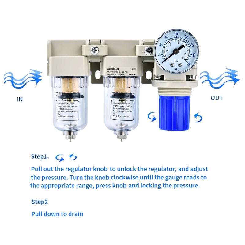 BLCH 1/4" NPT Air Compressor Dryer - Double Air Compressor Filter Air Compressor Regulator AC2000-02 Manual Drain Poly Bowl Gauge 0-160 PSI 5μm Brass - Image 4